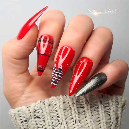 Perfect long stiletto red Christmas nails design with an accent glitter nail!