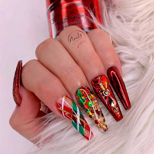 So festive red Christmas nails design with glitter and rhinestones!