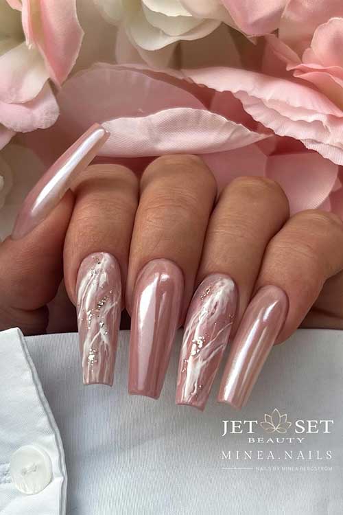 Dark coffin-shaped nails featuring nude polish, two white marble accents, and a glossy chrome finish for a chic look.