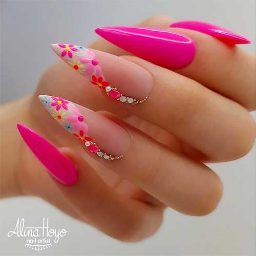 Pink stiletto nails spring 2020 with rhinestones and floral art tips design!