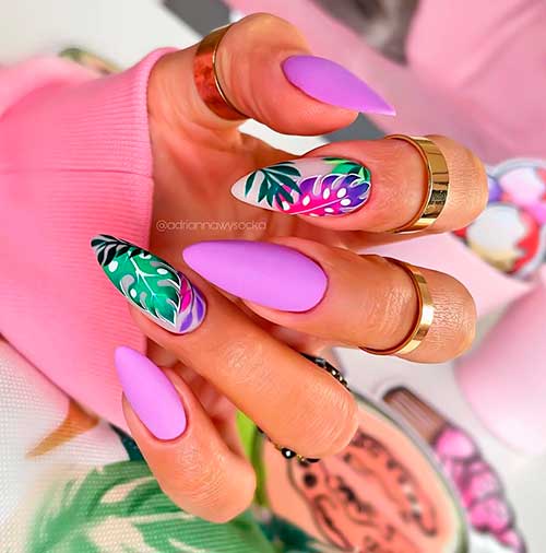 Almond shaped lavender nails with colorful leaf nail art for amazing look in spring 2021!