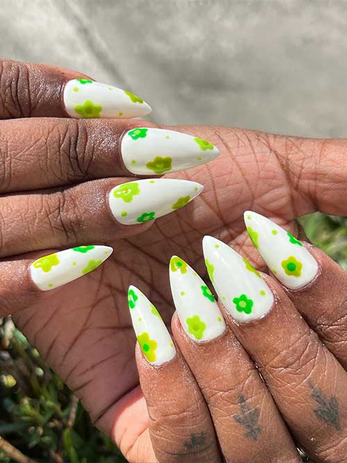 Medium Almond Shaped White Spring Nails with Green Roses in Different Shades