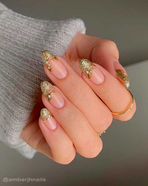 Festive Twisted Gold Glitter French New Years Nails 2022 Design