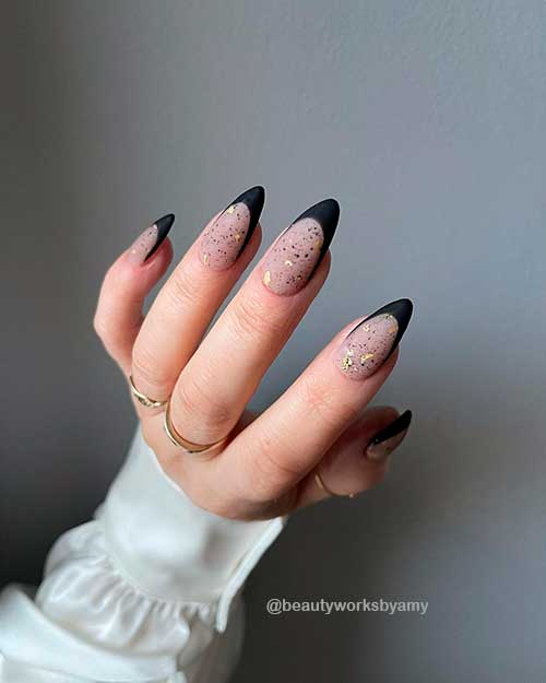 Black French New Year Nails 2022 Design with Gold Glitter and Black dots
