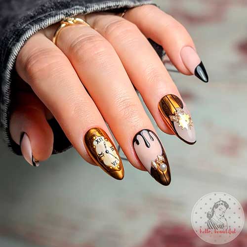 Almond Shaped Black and Gold Clock New Years Eve Nails 2022 Design