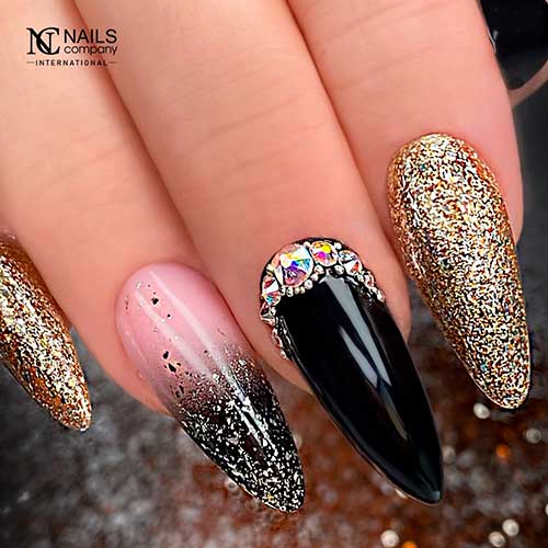 Long Almond Gradient Black and Gold New Years Nails Design for 2022