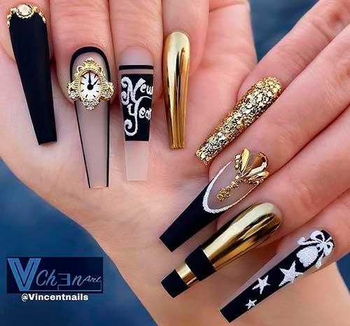 Long Coffin Black and Gold Happy New Year Nails 2022 Design