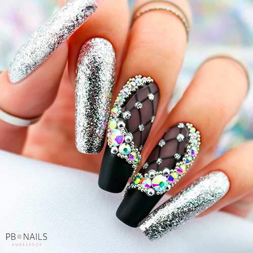 Long Coffin Matte Black and Silver New Year Nails Design with Rhinestones and Black Fishnet Nail Art on Two Accents