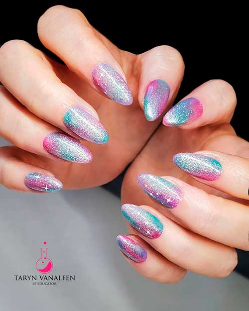 Almond Shaped Pink Blue Ombre Galaxy New Years Eve Nails 2022 Design