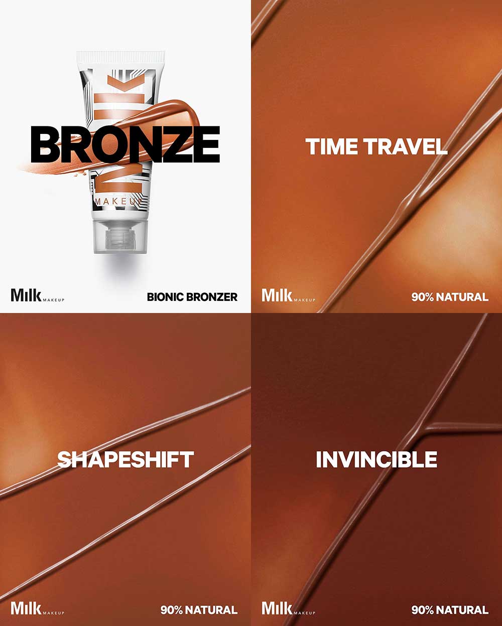 Hydrating Liquid Bronzer Milk Makeup Bionic Bronzer Shades Time Travel (light bronze), Shapeshift (medium bronze), and Invincible (deep bronze)