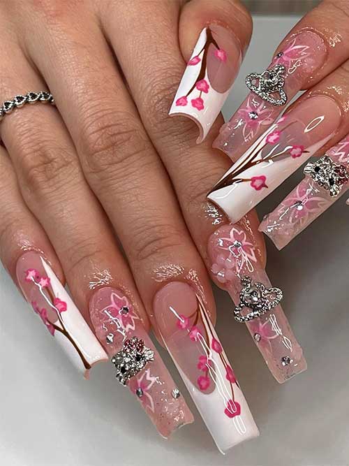 Long Square White French Cherry Blossom Nails 2023 with Rhinestones
