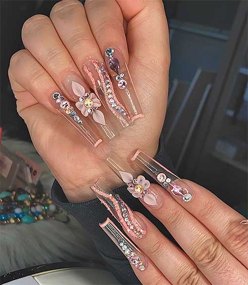 Clear Graduation Nails with Rhinestones, 3d Flowers, French Tips, and Glitter Swirls