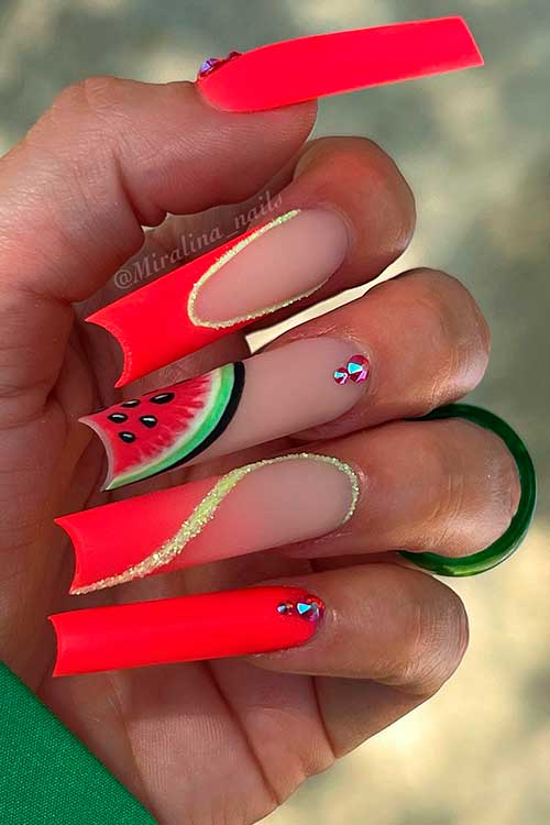 Long Square Neon Orange Nails 2022 with Gold Glitter, Rhinestones, and Watermelon Shape on Accent