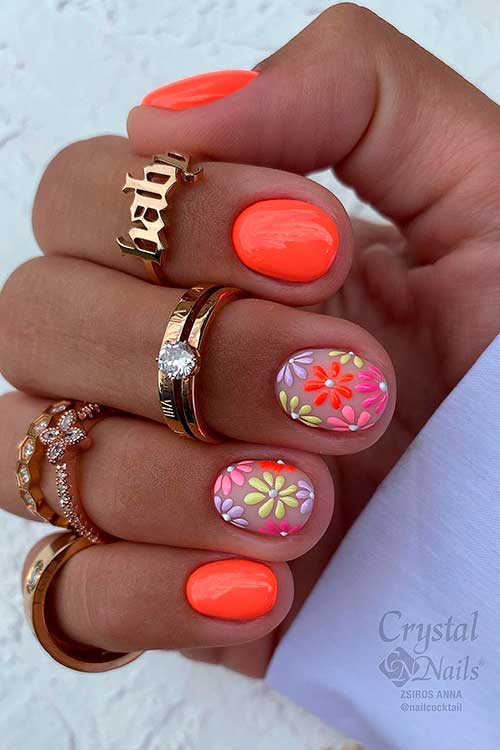Short Neon Orange Nails with Colorful Flowers on Two Accents