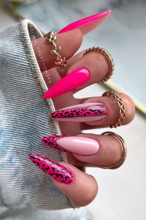 Cute long almond shaped neon pink leopard print nails