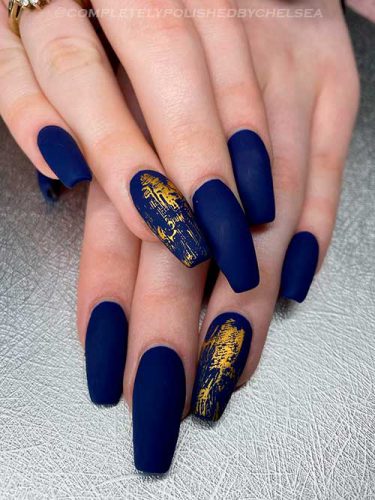 The Best Navy Blue Nails For 2023 Stylish Belles   Matte Coffin Navy Blue Nails With Gold Foil On Two Accent Nails 375x500 