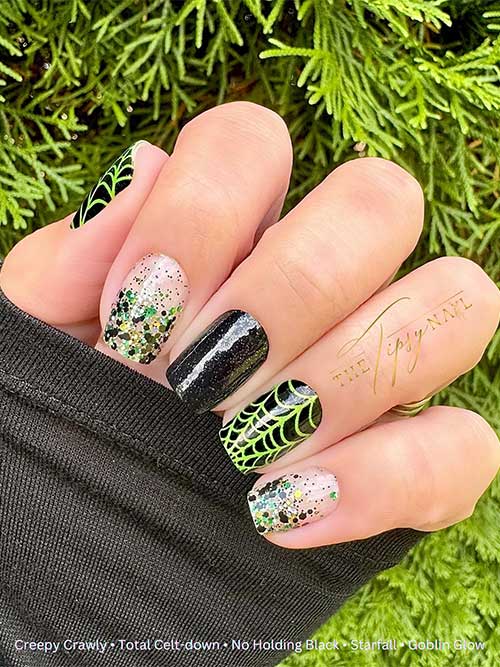 A Halloween-themed mixed manicure showcasing Creepy Crawly, Goblin Glow, Total Celt-down, and Starfall nail polish strips.