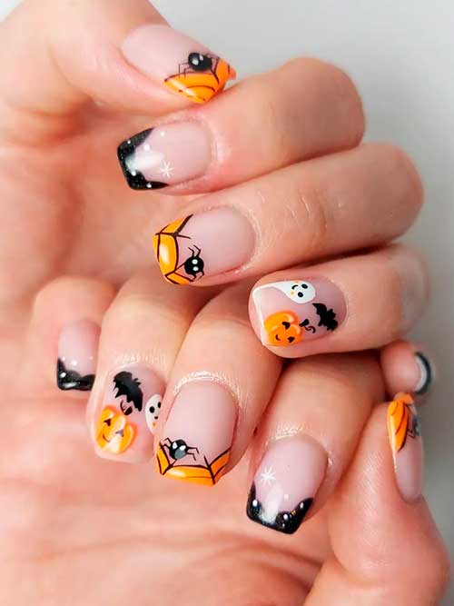 Short Orange and Black Halloween French Tip Nails 2022 with Spiders, Spider Webs, Ghosts, Pumpkins, and Bats