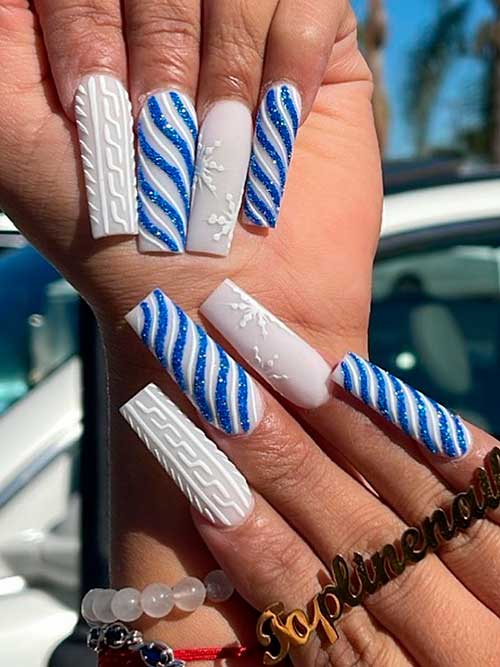 Long Candy Cane Blue White Christmas Nails with Snowflakes and Sweater Accent Nails