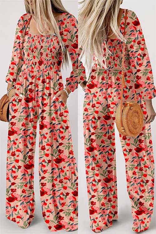 Casual fall jumpsuits for women feature long sleeves, wide legs, and pockets and are designed with a stylish print.