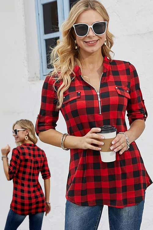 Stylish women's plaid tunic with 3/4 sleeves and floral details, suitable for festive Christmas outfits.