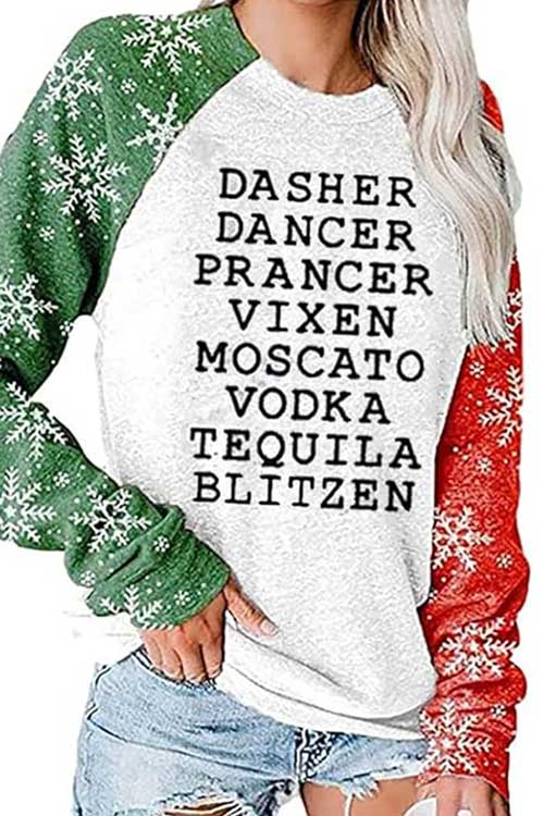 Women's Christmas sweatshirt featuring reindeer and alcohol themes, perfect for festive gatherings and holiday celebrations.