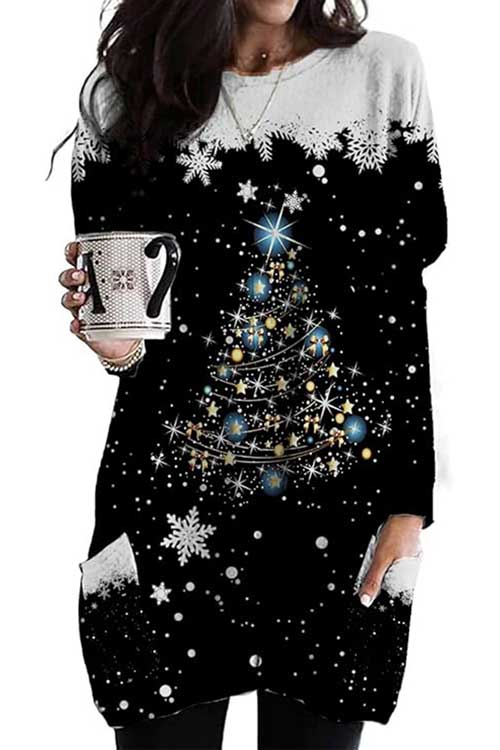 Women's black Christmas shirt dress featuring a pocket, loose fit, and long sleeves, perfect for casual wear and gifting.