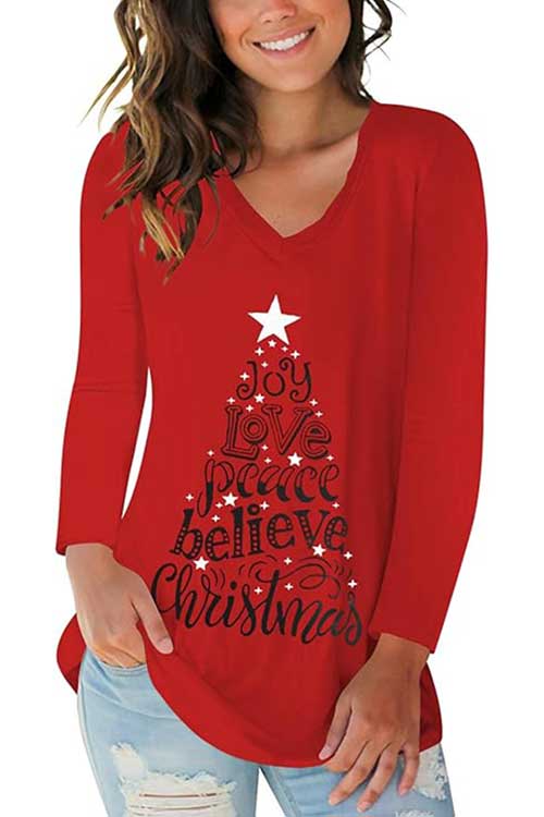 Women's loose casual long sleeve V-neck t-shirt with pocket, suitable for festive occasions and everyday wear.