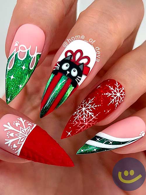 Long Stiletto Red and Green Christmas Nails with Snowflakes and Present Accent Nails