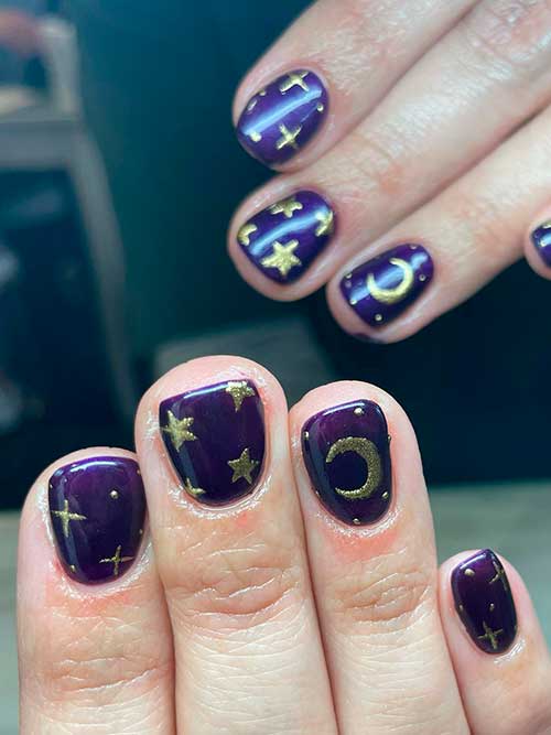 Short Dark Purple Celestial Nails That Can Be Considered As Halloween Witch Nails