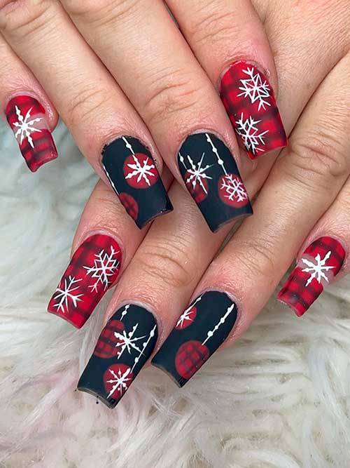 Medium Square Shaped Matte Red and Black Nails with Snowflakes and Plaid Nail Art