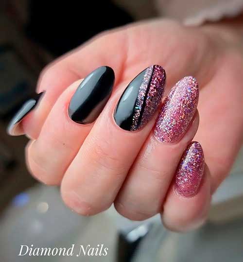 Medium Round Shaped Glossy Black Nails with Pink Glitter on Accent Nails to Celebrate the New Year Occasion