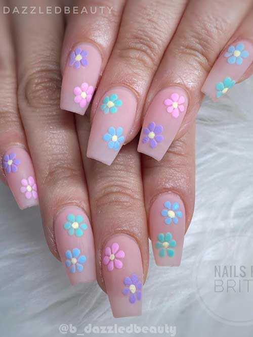 Medium Length Nude Coffin Nails with Pastel Flowers for Spring 2023