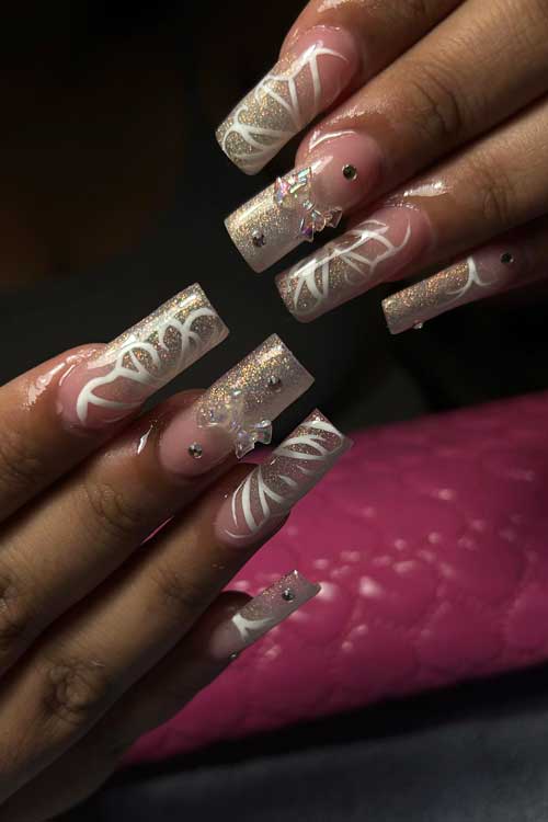 Long square shaped Butterfly Y2K Nails feature white butterfly nail designs over glitter ombre nails