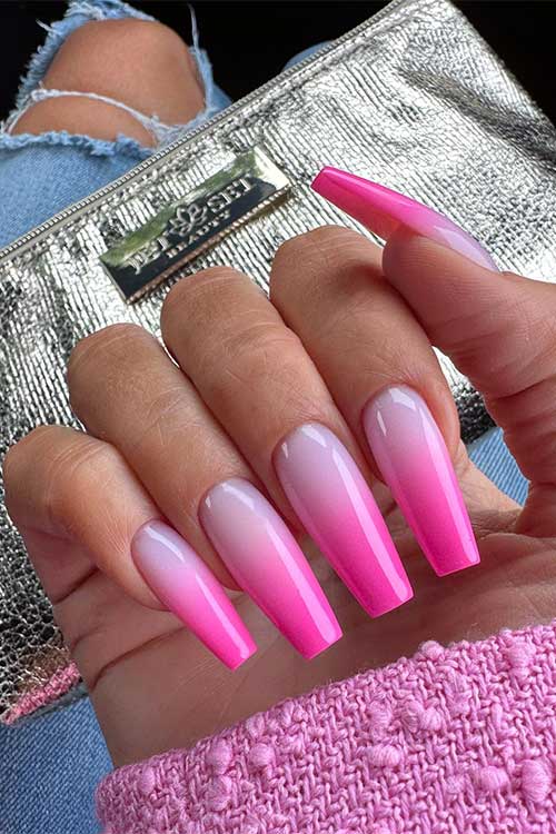 Long coffin Pink ombre nails are a great way to create a Barbie-inspired look