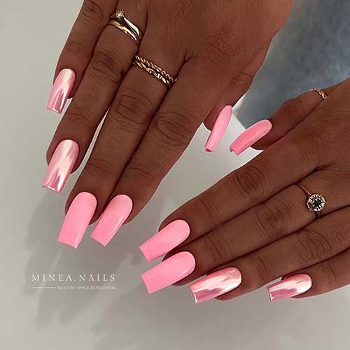 Long square shaped barbie light pink nails with two pink chrome accent nails