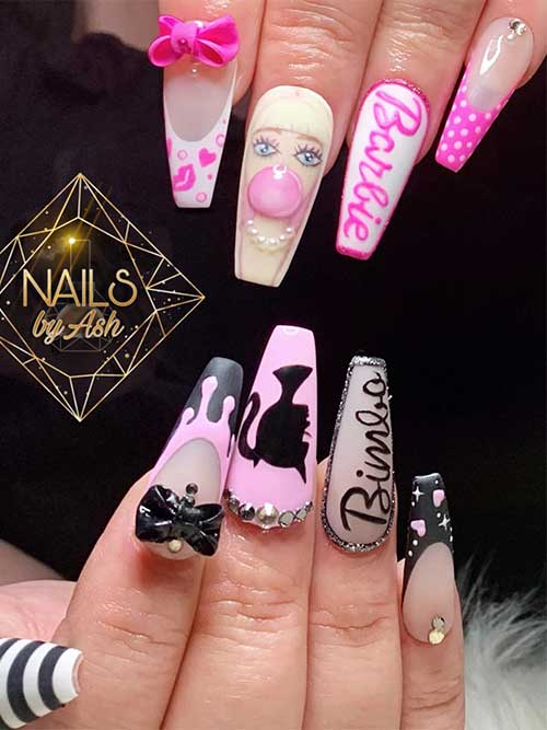 Long Coffin-Shaped Barbie Dolls on French Nails with polka dots, heart shapes, and rhinestones