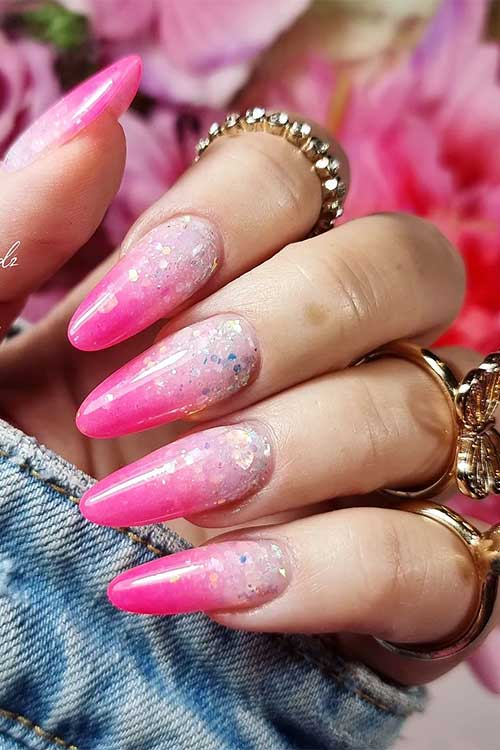 Long almond shaped glitter Barbie ombre pink nails