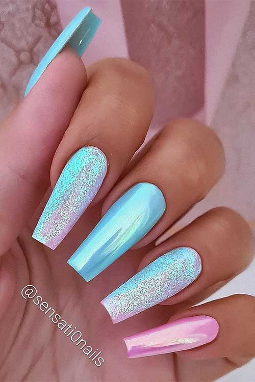 Long coffin shaped blue and pink Barbie nails with glitter and chrome effect