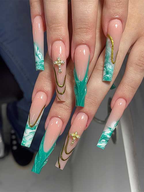 Long green marble coffin nails with nude accents, rhinestones, and 3D gel swirls, featuring green French tips and transparent gel decor.