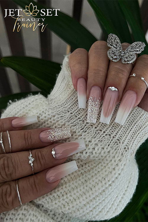 Long coffin classy milky white ombre nails with glitter and French tip accents