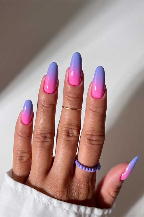 Pink and purple ombre nails almond shaped for the summertime