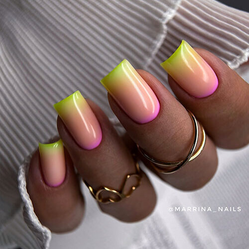Square-shaped ombre neon yellow nails with neon pink reversed French manicure is one of the cutest ombre summer nail ideas
