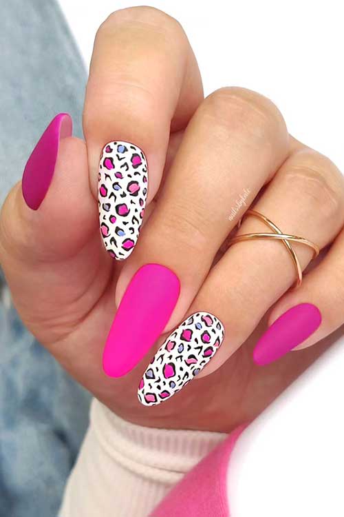 Long Almond Neon Pink Nails with Leopard Print Accent Nails