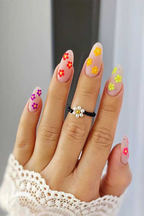 Long Almond Nude Pink Nails with Neon Multicolored Flowers are Gorgeous Vibrant Neon Nails