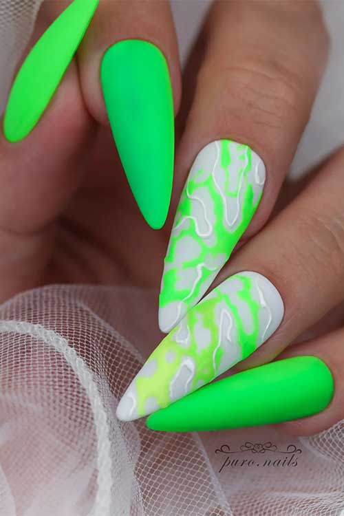 Long Almond-Shaped Neon Green Nails with Abstract Nail Art