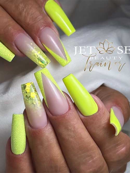 Long Coffin-Shaped Neon Yellow Nails with French and Glitter Accents