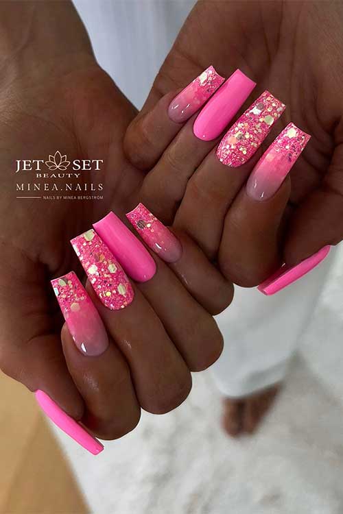 Long Vibrant Neon Pink Nails with Glitter are one of the cutest vibrant neon nails in 2024