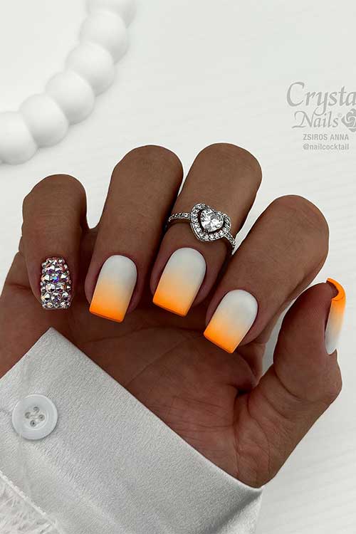 Matte Milky White to Neon Orange Ombre Nails