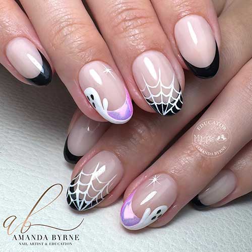 Elegant black French tip nails with white spider web design on one accent nail and a purple chrome nail featuring ghost art.